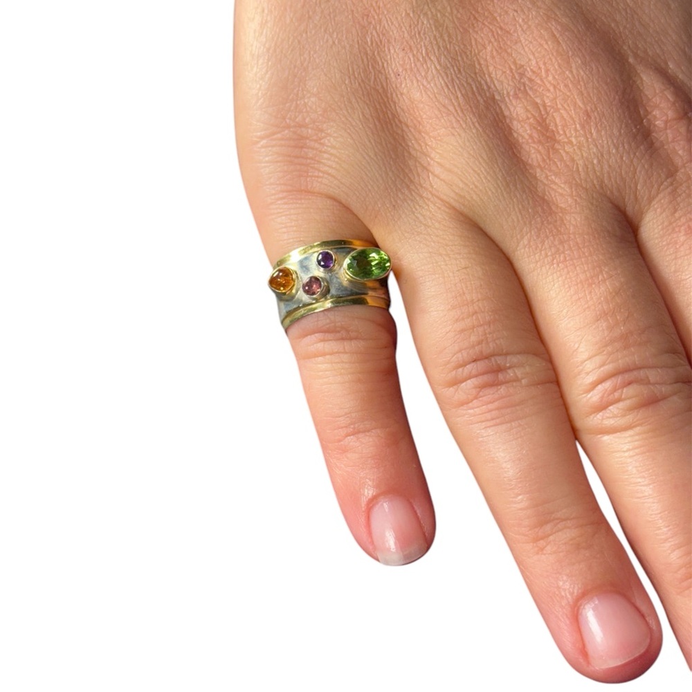 925 sterling silver amber, amethyst, tourmaline, gemstone ring 6.7 size
